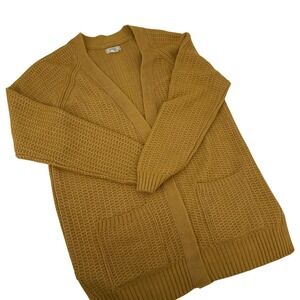 Fat Face Mustard Yellow Open Front Cardigan Sweater Waffle Knit Pockets Size 6
